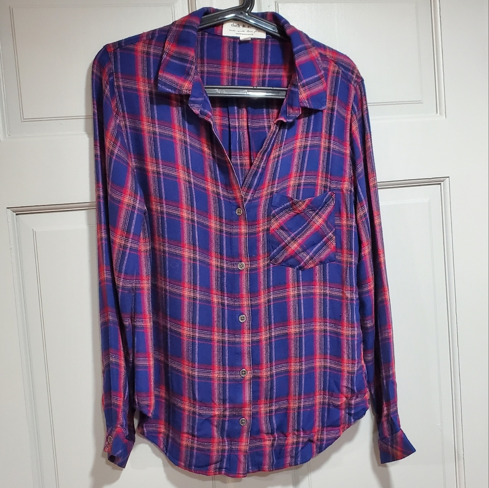 Cloth‎ & Stone Women flannel plaid Blouse size Medium Button Down Casual Comfy